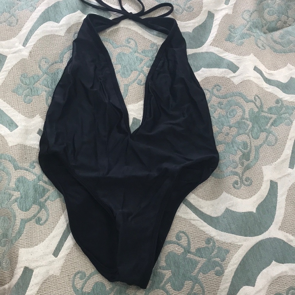 Black deep V-neck one piece swimsuit